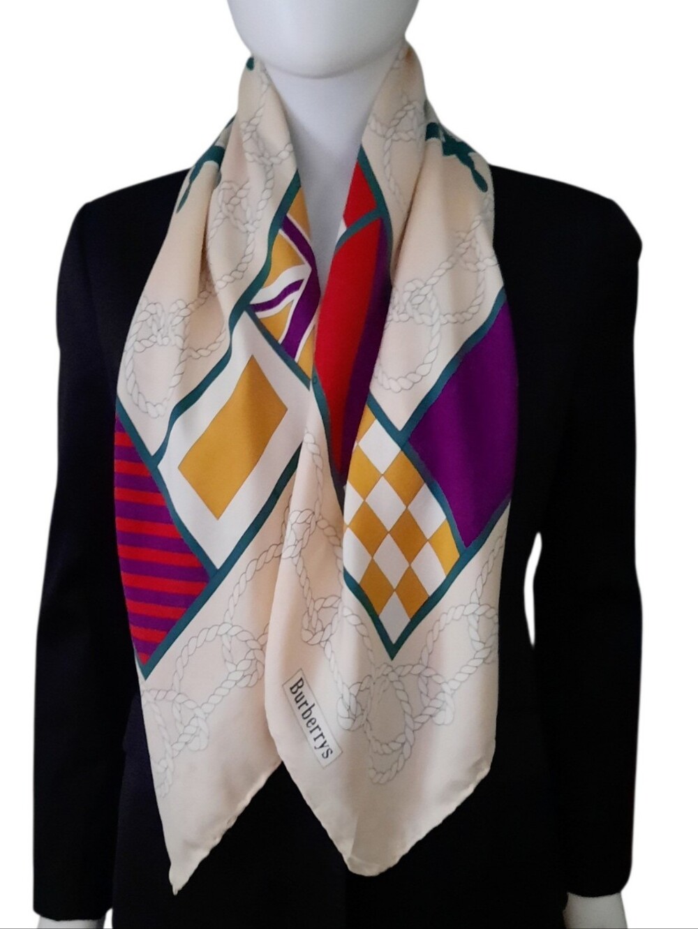 Vintage BURBERRY Nautical Wheel & Flags Square Silk Scarf 33" Ecru/Multi - Picture 4 of 11